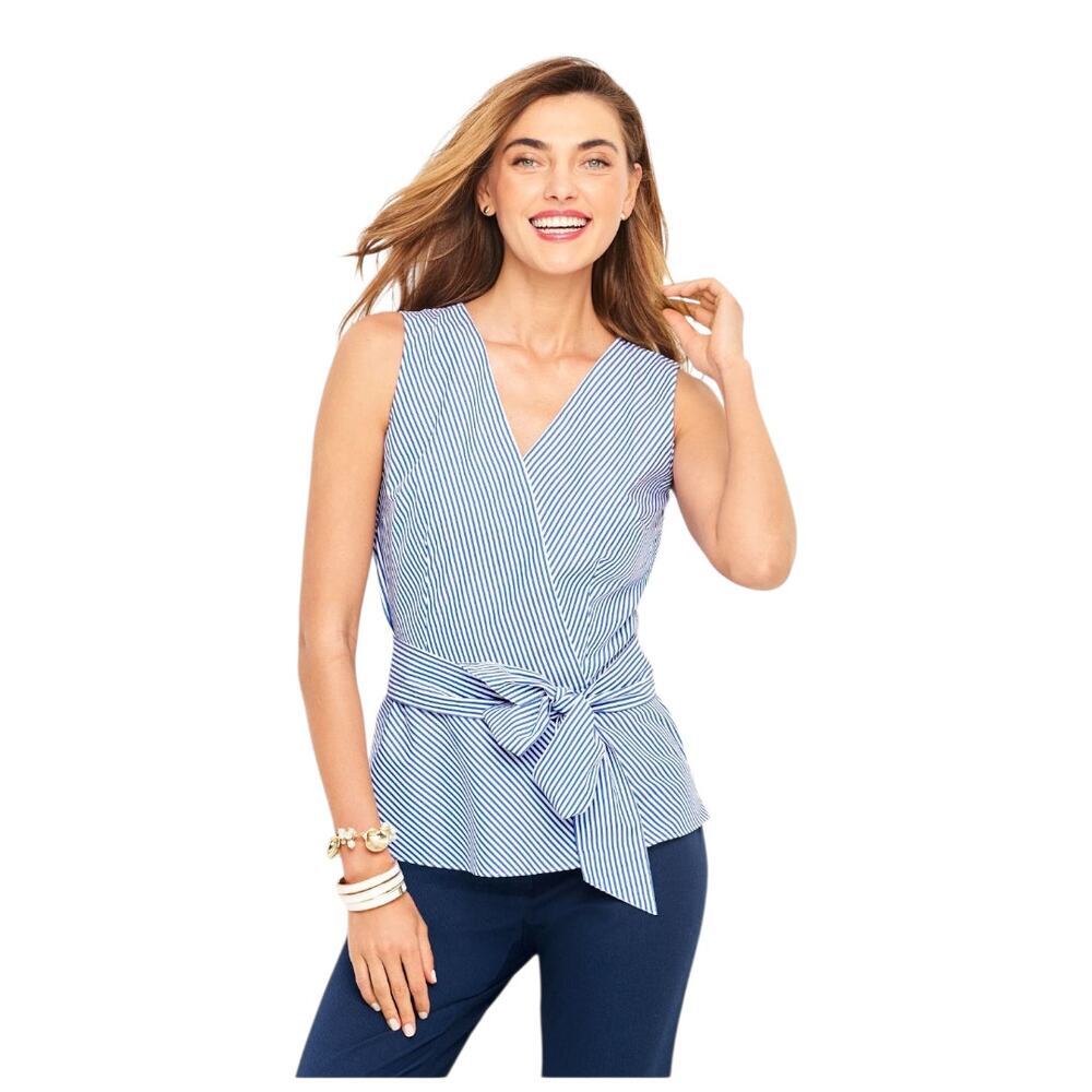 Talbots‎ womens plus sz 18 cotton fauz wrap peplum top-rhodes striped blue white